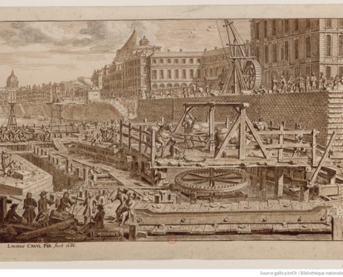 Livinus Cruyl PBR fecit 1686, [Construction du pont Royal], dessin