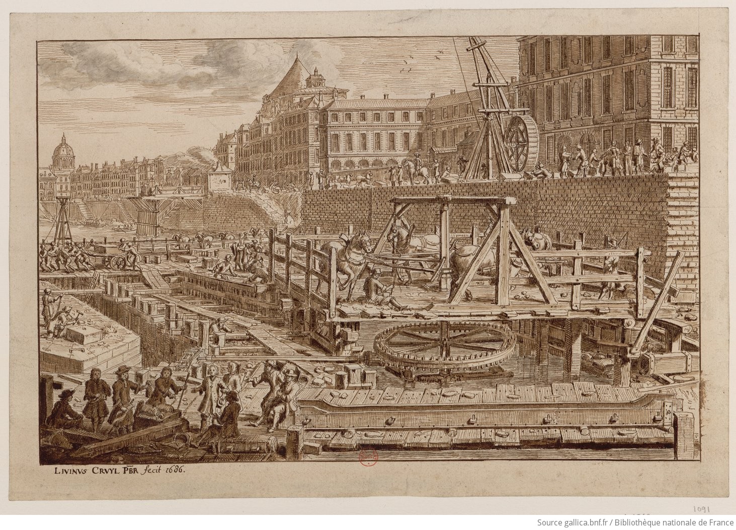 Livinus Cruyl PBR fecit 1686, [Construction du pont Royal], dessin