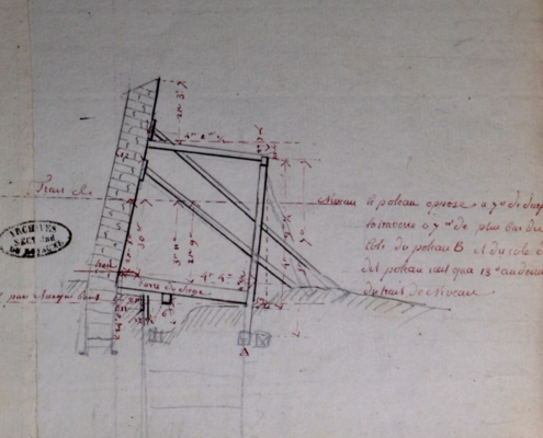 AN Z/1J/1149/dossier 16 : Croquis extrait des pièces annexes d’un procès-verbal d’expertise en date du 8 maI 1786 - Visitte de mur, cabinet, fosse d'aisance d'entre les sieurs Asselin et Gosselin propriétaires de deux maisons rue du Fg St Antoine, vis-à-vis la Fontaine ; MM Delespine et Gabriel, experts ; M. Bérenger, greffier.