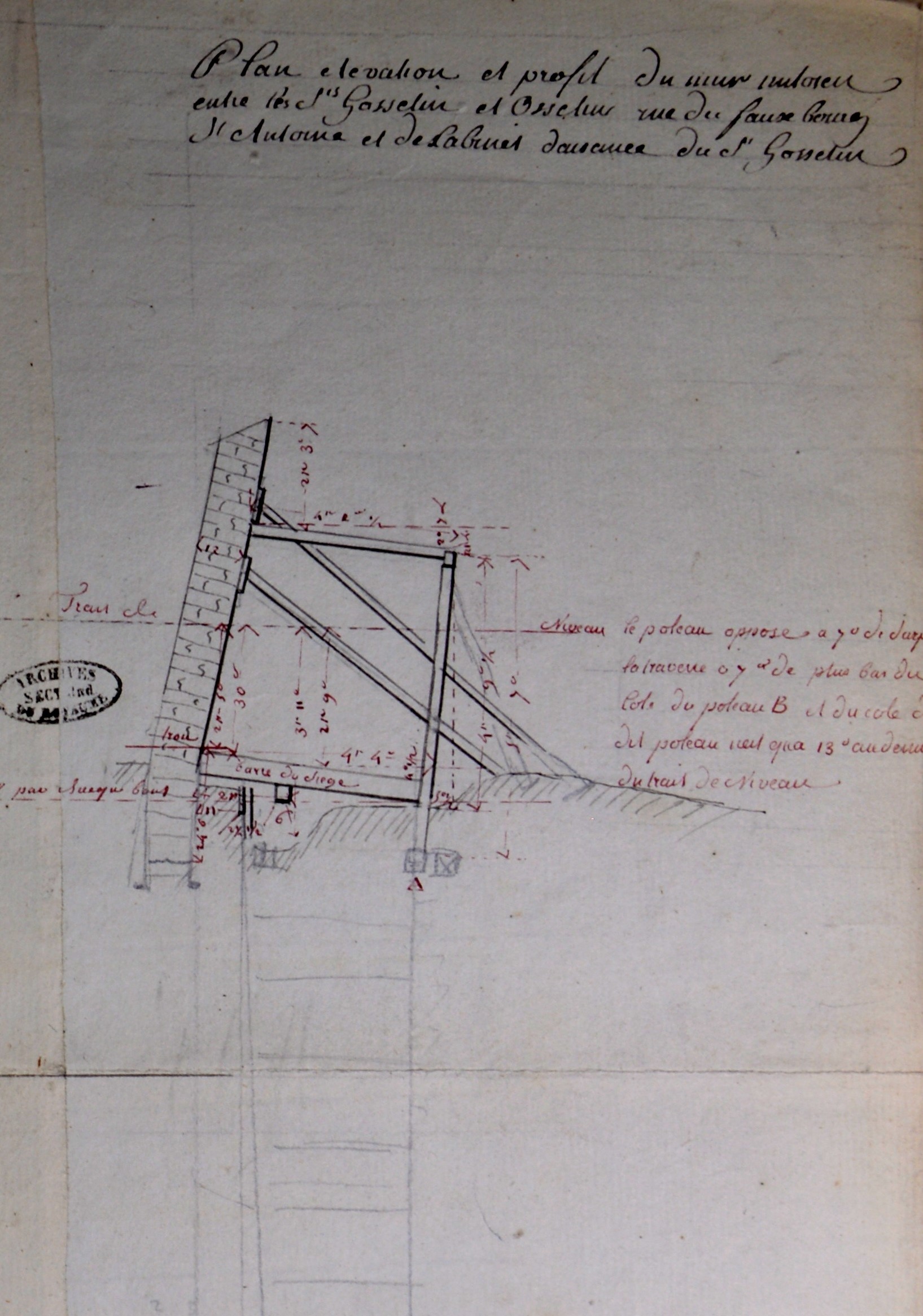 AN Z/1J/1149/dossier 16 : Croquis extrait des pièces annexes d’un procès-verbal d’expertise en date du 8 maI 1786 - Visitte de mur, cabinet, fosse d'aisance d'entre les sieurs Asselin et Gosselin propriétaires de deux maisons rue du Fg St Antoine, vis-à-vis la Fontaine ; MM Delespine et Gabriel, experts ; M. Bérenger, greffier.